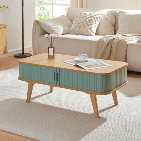 Mesa de centro Tysvær con puertas bambú 100x50x40cm - Natural/Azul [en.casa]
