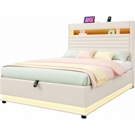 Letto imbottito 90x200 cm con contenitore idraulico, LED, USB Type-C e testiera con ricarica, beige, senza materasso, per camera da letto, CHICFURN (1/5)