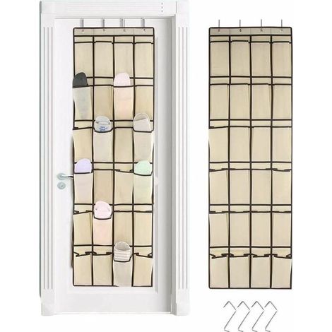 Rangement Chaussures Suspendu - 24 Poches Maille - Pour Porte ou Mur - 4 Crochets Métalliques - Beige