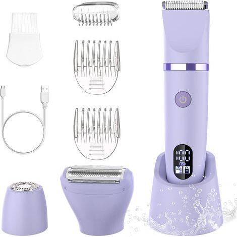 Feminin Elektrorasierer Präzisionstrimmer für Gesicht und empfindliche Bereiche, Körperhaartrimmer für Gesicht, Beine, Achseln und Intimbereich, wasserdicht, kabellos, LCD-Display, Lila, 3-in-1 (1/5)