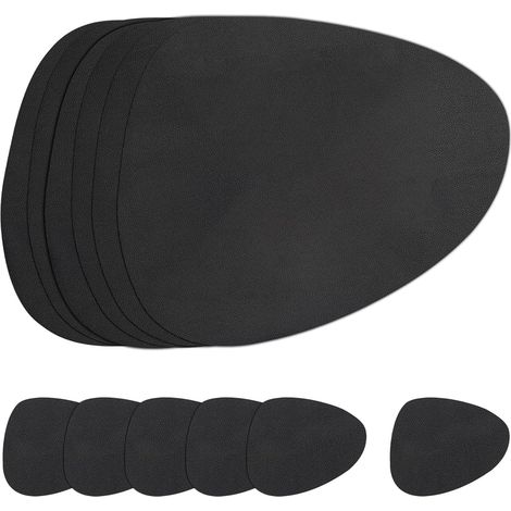 Set aus Platzsets und Untersetzern, doppelseitige, rutschfeste Platzsets, abwaschbare und wasserdichte Kunststoff-Platzsets (schwarz, 6-teiliges Set)