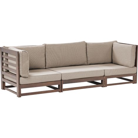 Sofá 3 plazas de madera de acacia oscura cojines gris pardo exterior Trani (1/5)