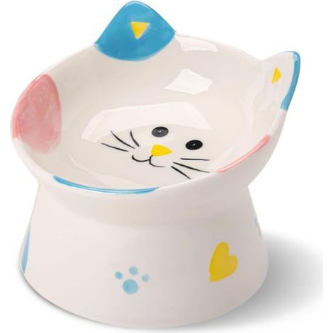Mangeoire surélevée en céramique pour chat avec support incliné, protection du cou pour animaux de compagnie inclinée à 15°, gamelle d'eau pour chien anti-refoulement (blanc bleu) (1/5)