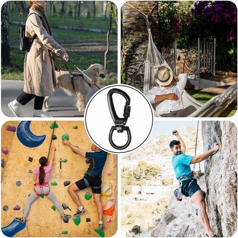 4 schwarze, drehbare Karabiner, 360°-Verriegelung, für Hundeleinen, Klettern, Schlüsselringe. (1/4)
