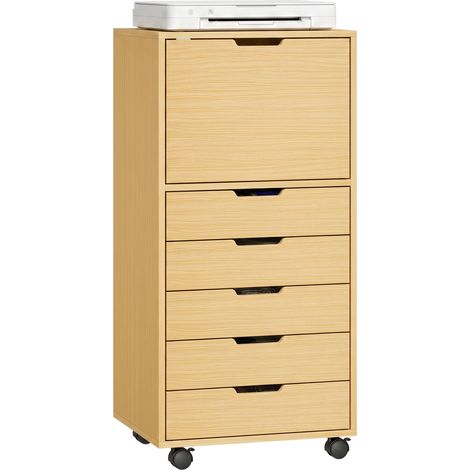 HOMCOM cajonera escritorio con 5 cajones, cajonera de oficina con ruedas y armario con cierre suave, soporte para impresora, natural (1/5)