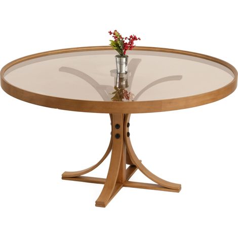 Wohnzimmertisch Santhia, gehärtetes Glas, rund, Gestell aus Glas, 80x80x47h cm, Eiche Braun