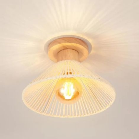 Retro Plafonnier,26cm Lustre Vintage en Rotin Metal Lampe de Plafond Industiel Style Retro Luminaire Design Chapeau,Blanc (1/5)