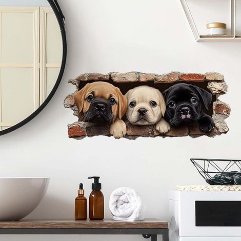 Sticker Mural 3D Chiens Mignons Effet Trou dans le Mur Trompe-l'œil Autocollant Décoratif Animaux pour Salon ou Chambre Facile à Poser (1/5)