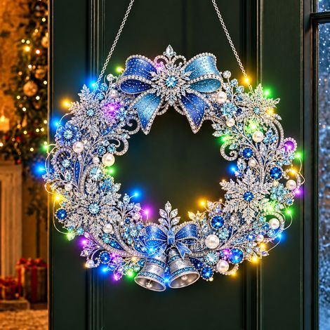 Tableau broderie diamant LED de Noël motif cloche et nœud bleu réf 1810 150 g – Livraison gratuite