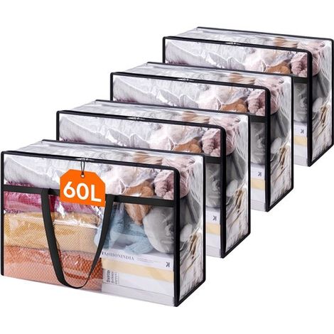 Ensemble de 4 sacs de rangement transparents pour vêtements, sac de rangement en plastique de 60L pour couvertures (1/5)