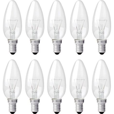 Ampoule incandescente transparente E14 40W, dimmable, lumière blanche chaude 2700K, 400 lumens, ampoule flamme, ampoule bougie de type vis Edison E14, paquet de 10. (1/4)
