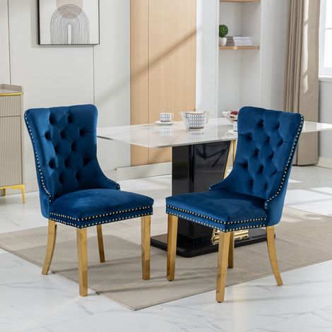 2er-Set Esszimmerstühle aus Samt, gepolsterte Stühle mit Knopfheftung, goldfarbenen Beinen, Ziernägeln und gepolsterter Sitzfläche – Blau