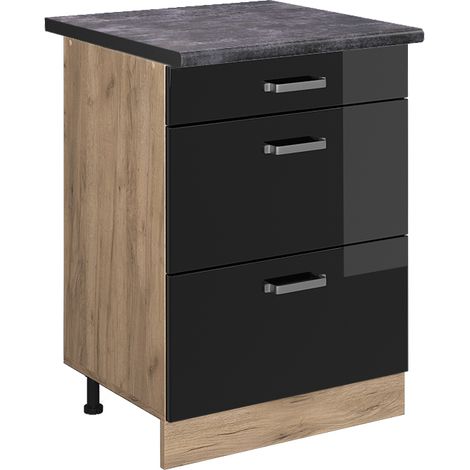 Meuble cuisine R-Line, Noir Haute brillance, 60 cm avec tiroirs, PT Anthracite, Vicco