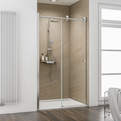 Schulte – Porte de douche coulissante 140 x 200 cm – Verre de sécurité 8 mm anticalcaire – Profilé chromé – Montage réversible à gauche ou à droite