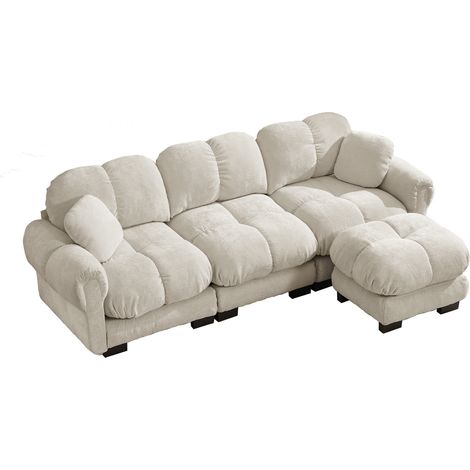 Sofá esquinero L de 3 plazas de chenilla color beige claro con otomana móvil y 2 cojines (1/5)