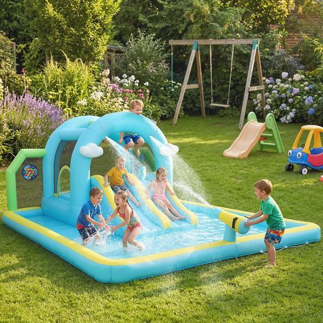 426x360x198 cm - Château d’eau gonflable 7 en 1 doté de souffleur, 2 toboggans, piscine de trampoline, panier de boxe