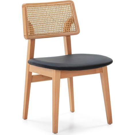 Chaise bois massif avec cuir et rotin naturel Mamy (1/5)
