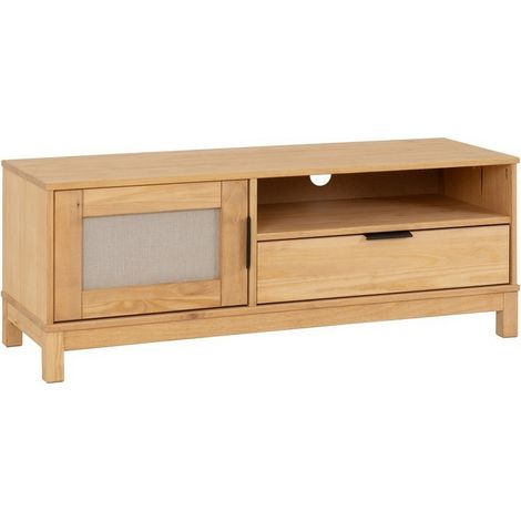 Corona Rattan 1 Door 1 Drawer TV Unit - L40 x W120 x H45 cm - Distressed Wax Pine/Rattan Effect