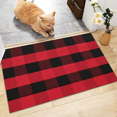 Tapis à carreaux Buffalo en coton noir et blanc, fait à la main, lavable, 61 x 91 cm, pour extérieur/intérieur/entrée, rouge et noir