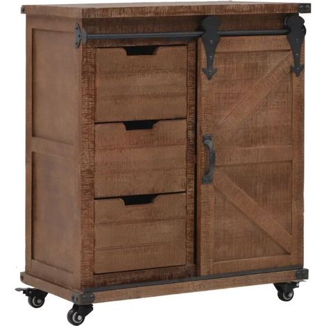 Commode 1 porte 3 tiroirs pin massif foncé Cassie (1/5)