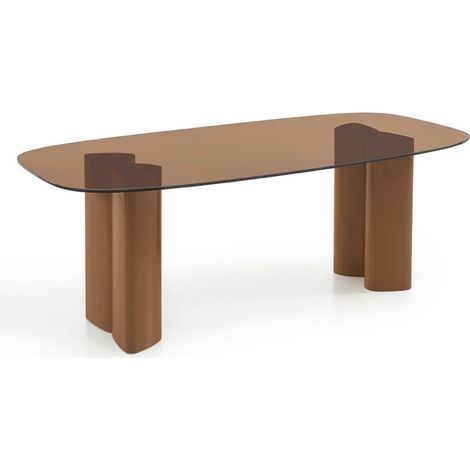 Table à manger 8 personnes en verre et pieds bois laqué terracotta - Verre ambré - Alty (1/5)