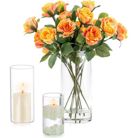 Vase Cylindrique en Verre Decoratif Transparent - Lot de 3 Vases Fleur Photophore Bougeoirs Hurricane Bougeoir en Verre pour Bougies Pilliers Bougies Flottantes Centres de Table de Mariage (1/5)