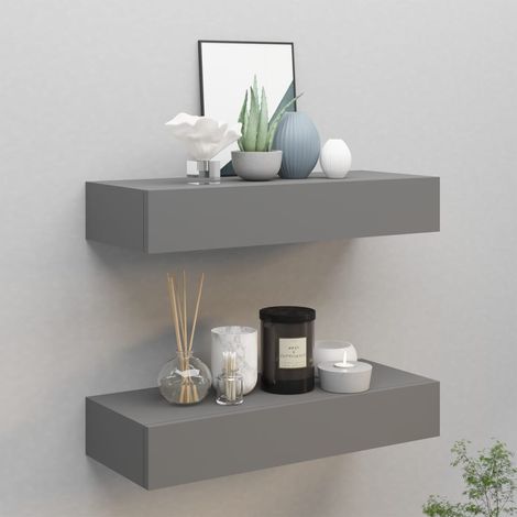 Lot de 2 Étagères à tiroir murales Étagères Rangement Gris 60x23,5x10 cm MDF -BV11104 (1/5)