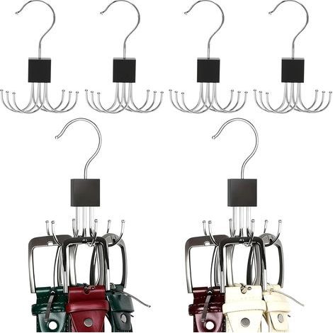 4 pièces Rangement pour Ceintures, 360 degrés cintres Peu encombrants avec 6 Crochets, Porte-Ceintures pour Armoire, Organiseur de Ceintures, cintres pour Cravates, Foulards, écharpes et Sacs (1/5)