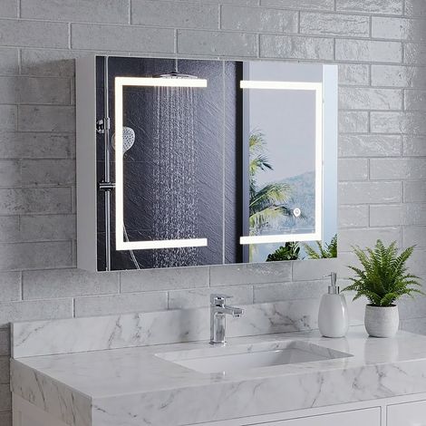 VASIEN – Armoire murale de salle de bain 80x60 cm – Éclairage LED intelligent 3000K/4500K/6400K– Double porte – Miroir HD tactile avec rangement et étagères réglables– MDF résistant à l'humidité