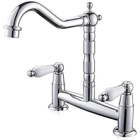 Rubinetto da cucina moderno, miscelatore a ponte a doppia maniglia e doppio foro, beccuccio girevole, rubinetto per acqua calda e fredda, cromato. (1/5)