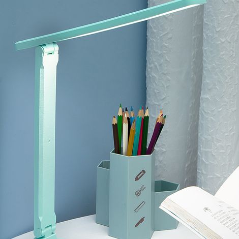 Wiederaufladbare LED-Schreibtischlampe über USB, faltbar, augenschonend, berührungsempfindlich, zum Lesen, Lernen, für Kinder, als Nachttischlampe, natürliches Blau. (1/3)
