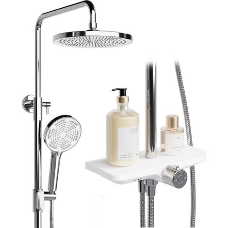 Douche à effet pluie, sans robinet, avec étagère, système de douche avec pommeau de douche en acier inoxydable, colonne de douche réglable, colonne de douche, pommeau de douche (1/5)