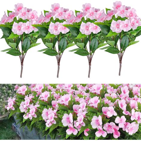 4pcs Artificial Impatiens Bushes, Artificial Flowers, Simulation Plants, Indoor Garden, Office, Wedding Decorations, Pink.