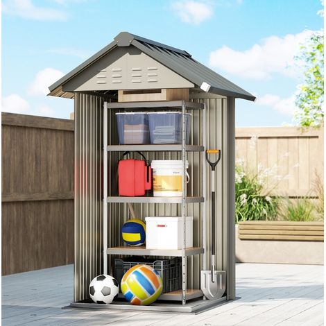 Abri de jardin en métal 122 x 121 x 192 cm, cabanon avec toit à deux pans, serrure, gris clair (1/5)