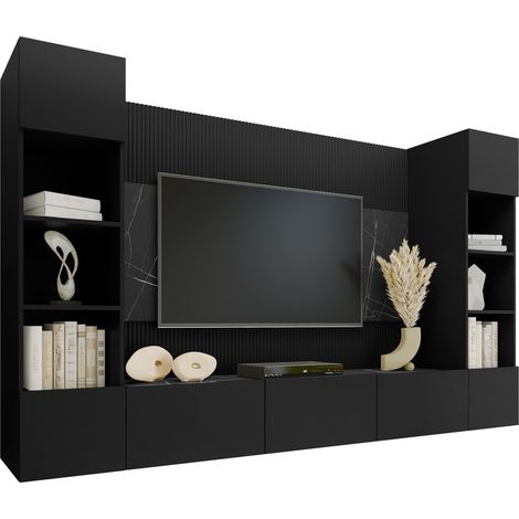 Mobilier1 – Ensemble de meubles de salon noir et marbre noir – Largeur 260 cm – Hauteur 150 cm – Système 'Push to open' – Fabriqué en UE