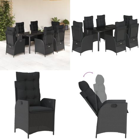 Set da Pranzo da Giardino 7 pz Nero con Cuscini in Polyrattan - Sedie da giardino reclinabili - Tavolo da giardino