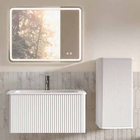 Petites salles de bain, rangement facile avec meuble vasque mural, miroir LED réglable et colonne (1/5)
