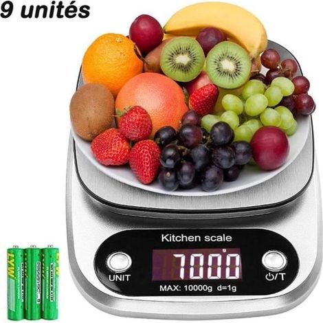 Balance de cuisine numérique 10kg/1g - En acier inoxydable - Haute précision écran LCD - 9 unités de pesage( batterie incluse) (1/4)