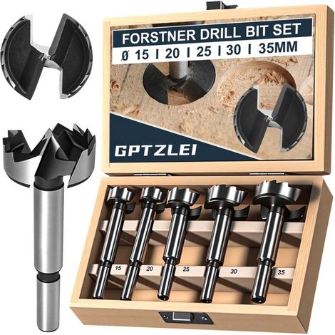 Forstner Wood Drill Bits Set 5 Pieces 15-35 mm - Wood Drill Bits for Furniture Hinge - Precise Drilling Flat Bottom Hole - Carbon Steel for Drill and Drill Press - Wooden Storage Box (1/5)