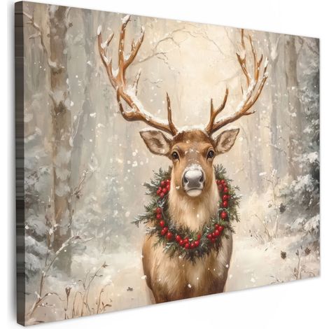 TABLEAU SUR TOILE Noël - Renne - Hiver - Couronne Décoration Murale 40x30 cm
