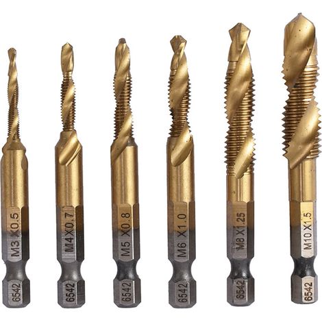 Set mit 6 robusten, titanbeschichteten metrischen HSS-Bohrern und -Gewindebohrern – Set M3 M4 M5 M6 M8 M10 zum Bohren und Gewindeschneiden