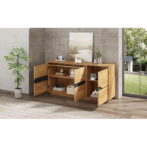 Buffet noir et bois 140 cm avec 3 portes et étagères réglables, doté de rangements sans poignées pour salon salle à manger (1/5)