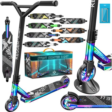 KESSER® Scooter Funscooter Stuntscooter X-Limit - 360° Lenkung mit ABEC 9 Kugellagern 100 mm PU Räder Robuster Kickscooter Tretroller Cityroller   Rainbow