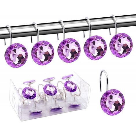 Lot de 12 anneaux décoratifs en acrylique pour rideau de douche violet avec strass, pour salle de bain, chambre de bébé, salon (violet) (1/4)