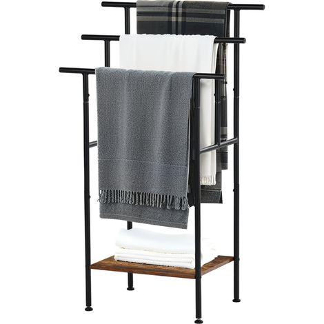 FurnitureR Porte-Serviettes sur Pied en métal avec étagère Aspect Bois - 60 x 44 x 102 cm - Design Industriel Moderne pour Salle de Bain et Chambre à Coucher (1/5)