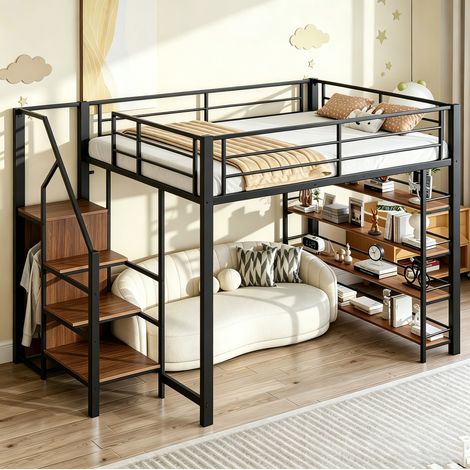 Letto a soppalco 255x145x170.5 cm, con scala contenitore, sponde alte, metallo e MDF, nero (1/5)