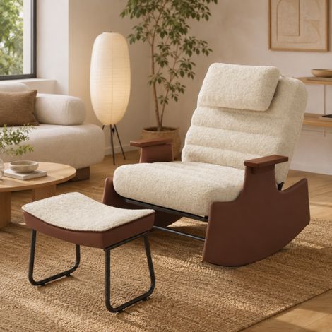 Dossier haut bascule, Chaise à bascule en velours mouton, Fauteuil à Bascule avec Accoudoirs, Chaise berçante, Rocking Chair avec repose-pieds (1/5)