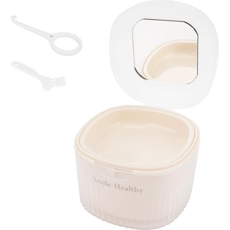 Étui de bain pour prothèse dentaire avec miroir, porte-gobelets pour fausses dents pour le rangement, le trempage, le nettoyage de voyage, kit de retenue de protège-dents avec panier, outil de retrait