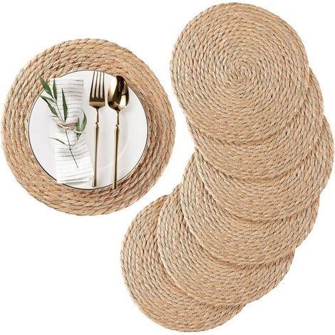 Lot de 6 sets table rotin tissé 30 cm - Dessous verre résistants chaleur style bohème/campagne - Déco maison naturelle (1/5)
