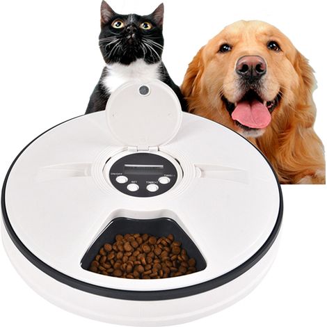 Distributeur automatique de croquettes programmable pour animaux de compagnie (chats et chiens) avec écran LCD et commande vocale, 6 repas par gamelle. (1/5)
